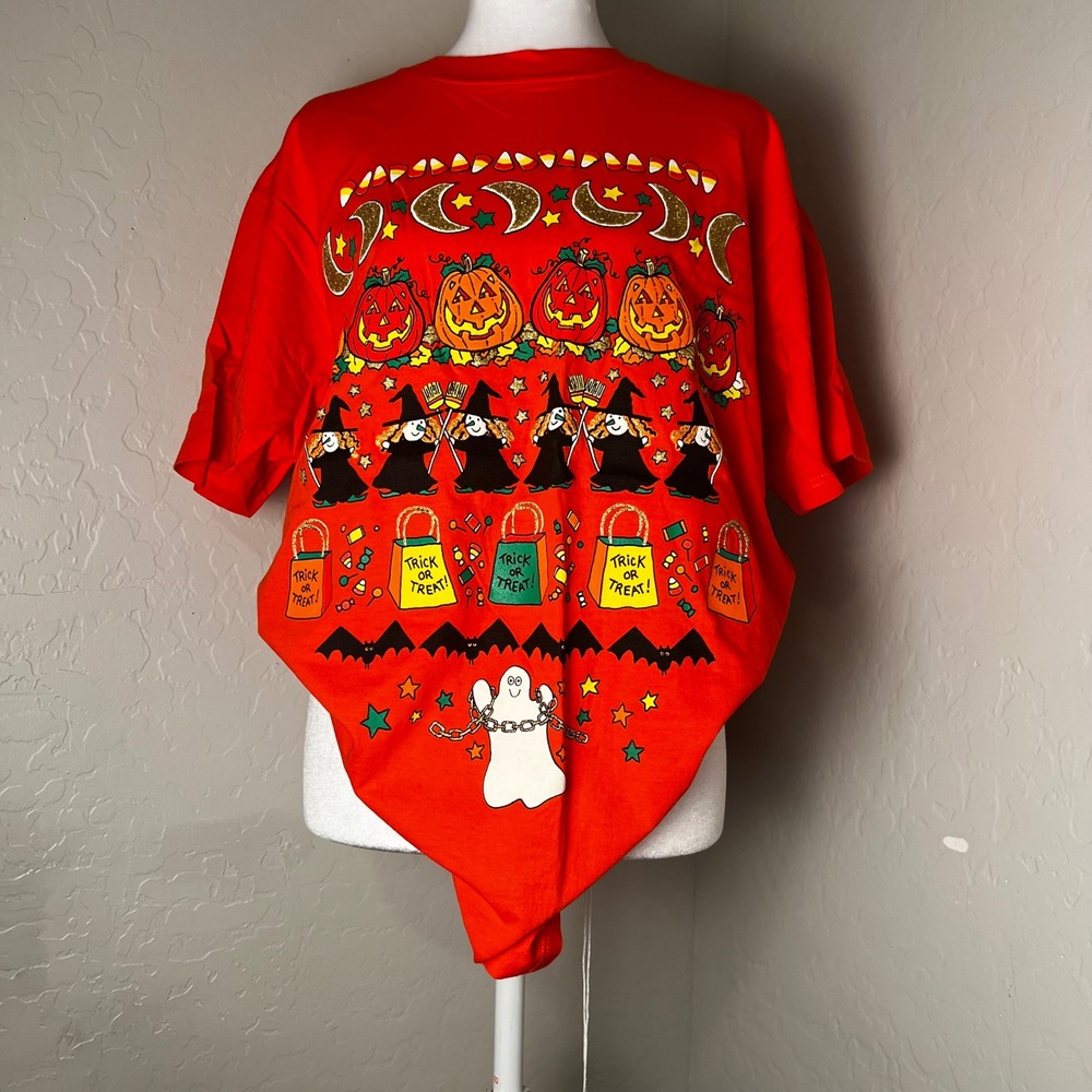 Vintage Halloween Pumpkin Jack-O-Lantern Glitter orange t-shirt Crewneck L